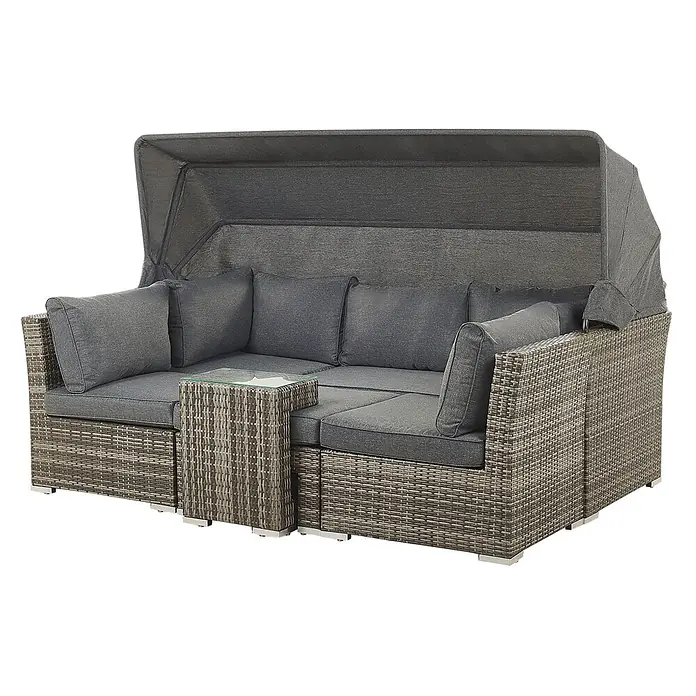 17-tlg Lounge Set CORTE in Braun/Grau -  - Outdoor-Rattan-Lounge-Set mit grauen Kissen, Glastisch und ausziehbarer dunkelgrauer Überdachung.