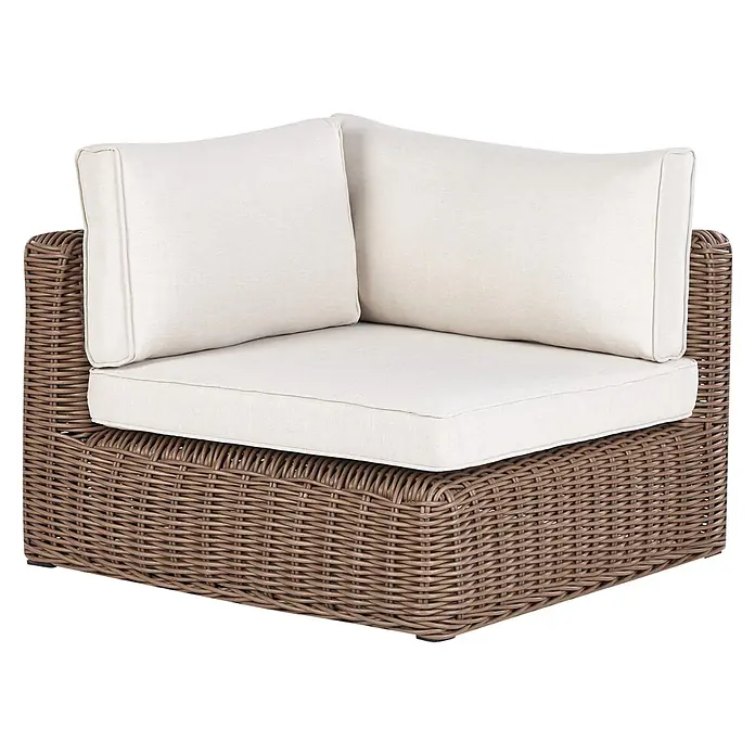 4-tlg Lounge Set PALERMO in Braun/Weiß -  - Brauner geflochtener Outdoor-Eckstuhl aus Korbgeflecht mit hellbeigen Kissen.