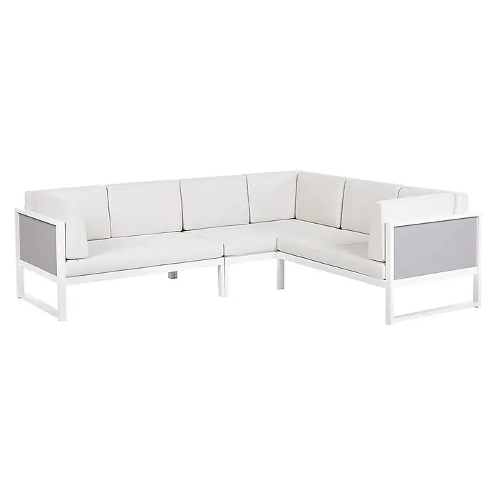 16-tlg Lounge Set CASTELLA/FRATTE in Weiß/Grau linksseitig -  - L-förmiges Outdoor-Sofa mit weißen Polstern, weißem Gestell und grauen Seitenpaneelen.