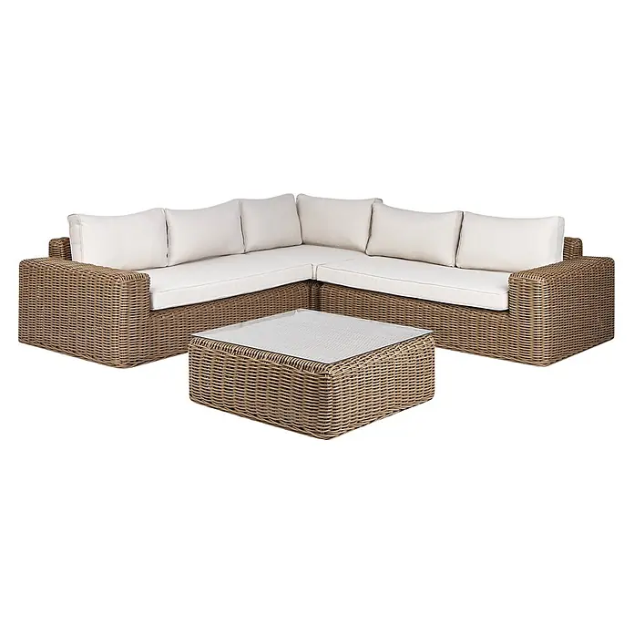 4-tlg Lounge Set PALERMO in Braun/Weiß -  - Braunes geflochtenes Rattan-Gartensofa mit hellen Kissen und passendem Couchtisch mit Glasplatte.