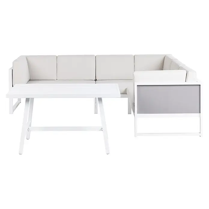 16-tlg Lounge Set CASTELLA/FRATTE in Weiß/Grau linksseitig -  - Weißes L-förmiges Outdoor-Sofa mit hellbeigen Kissen und grauer Mesh-Verkleidung, dazu ein weißer Lattenrosttisch.