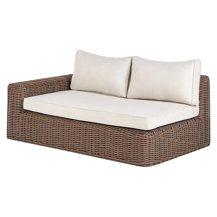 4-tlg Lounge Set PALERMO in Braun/Weiß -  - Braunes Korbmöbel-Ecksofa für draußen mit hellbeigen Kissen.