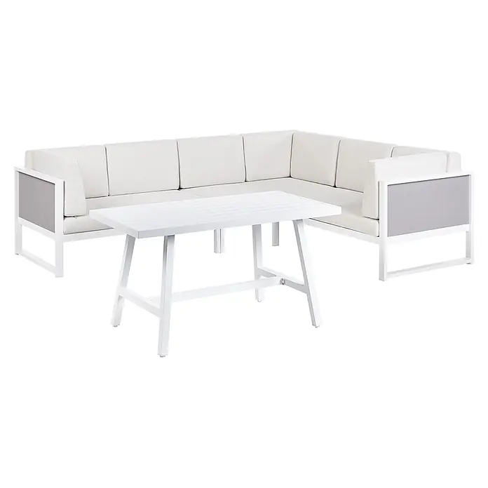 16-tlg Lounge Set CASTELLA/FRATTE in Weiß/Grau linksseitig -  - Weißes Outdoor-Ecksofa mit hellen Polstern und grauen Armlehnenpaneelen, kombiniert mit einem passenden weißen Latten-Couchtisch.