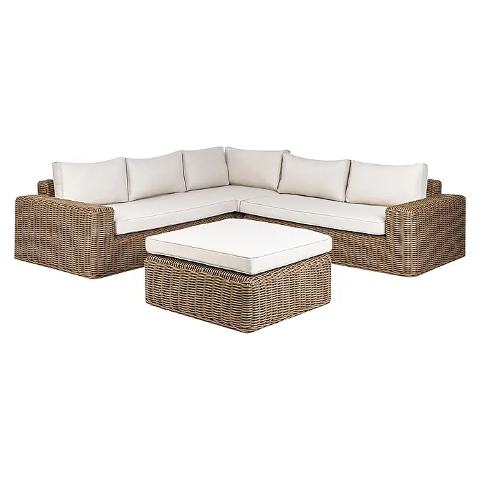 4-tlg Lounge Set PALERMO in Braun/Weiß -  - Braunes Rattan-Ecksofa mit weißen Kissen und passendem Hocker für den Außenbereich.