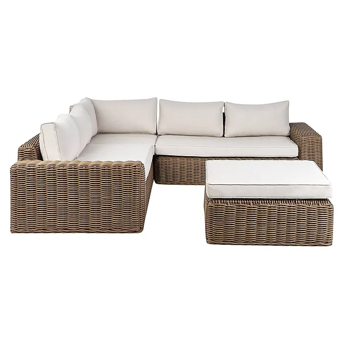 4-tlg Lounge Set PALERMO in Braun/Weiß -  - Braunes Polyrattan-Gartensofa in L-Form mit hellen Kissen und passendem Hocker.