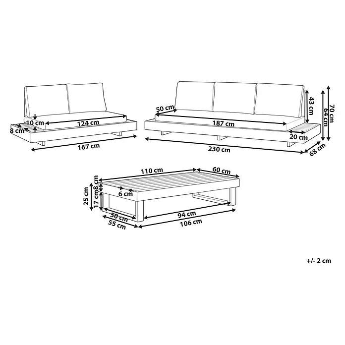 3-tlg Lounge Set MARETTIMO in Beige/Braun -  - Maßzeichnung eines Outdoor-Möbelsets aus Holz mit 2-Sitzer-Sofa, 3-Sitzer-Sofa und Couchtisch, inklusive Polster.