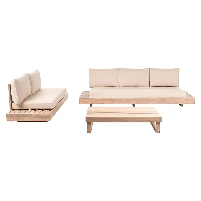 3-tlg Lounge Set MARETTIMO in Beige/Braun -  - Modulares Outdoor-Sofa aus Akazienholz mit beigen Kissen und passendem Couchtisch.