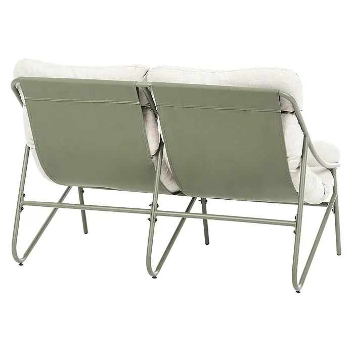 8-tlg Lounge Set MOLVENO in Grün/Beige -  - Rückansicht eines zweisitzigen Gartensofas mit olivgrünem Metallrahmen, Stofflehnen und hellbeigen Kissen.