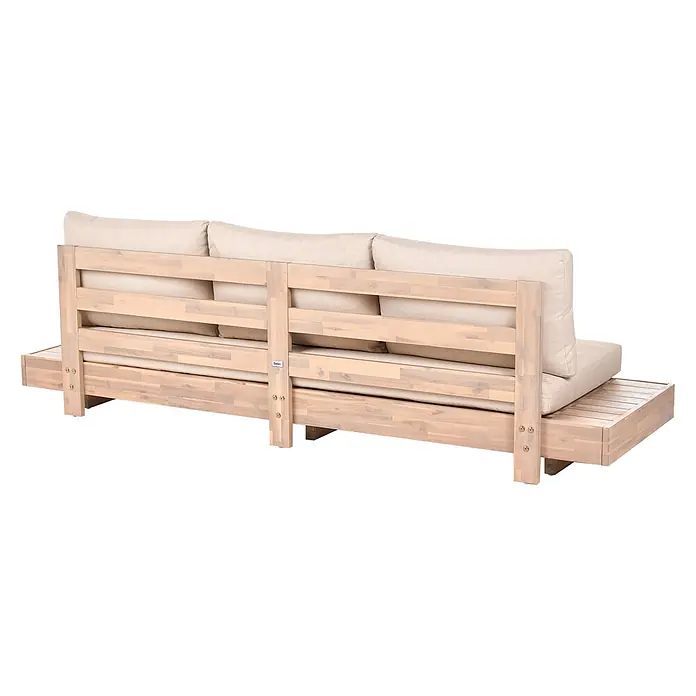 3-tlg Lounge Set MARETTIMO in Beige/Braun -  - Rückansicht eines hellen Outdoor-Sofas aus Holz mit beigen Kissen, mit Lattenrost aus Holz.