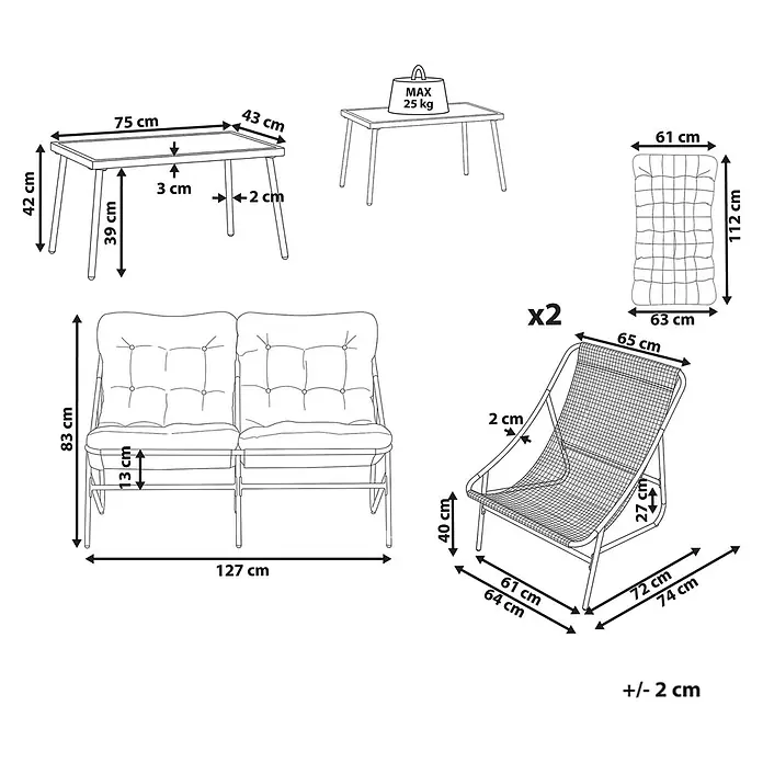 8-tlg Lounge Set MOLVENO in Grün/Beige -  - Diagramm eines Outdoor-Lounge-Sets mit Tisch, Zweiersofa, zwei Stühlen und Kissen, jeweils mit detaillierten Abmessungen.