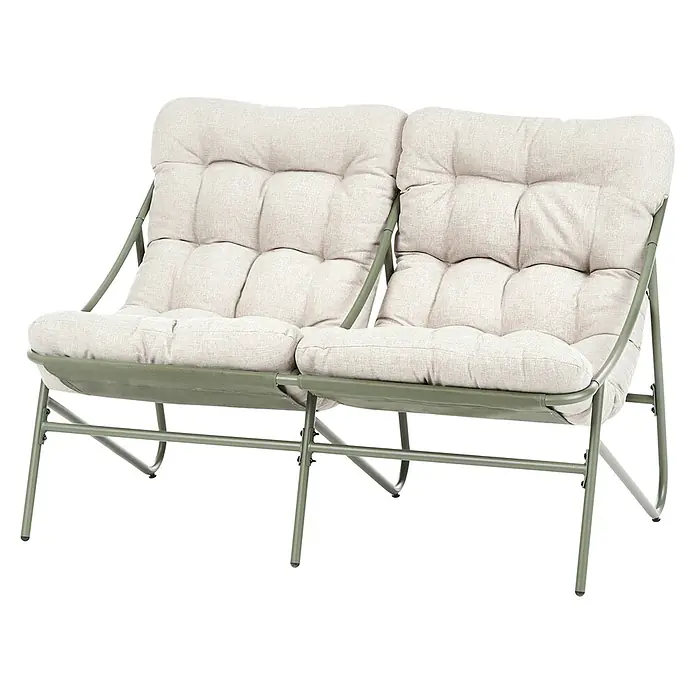 8-tlg Lounge Set MOLVENO in Grün/Beige -  - Zweisitzige Gartenbank mit grünem Metallgestell und hellbeigen, getufteten Kissen.