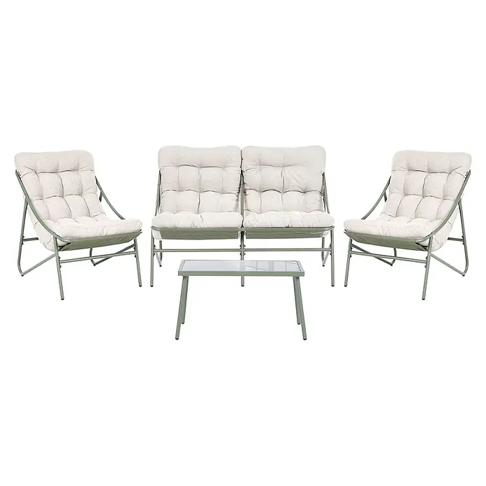 8-tlg Lounge Set MOLVENO in Grün/Beige -  - Gartenlounge-Set mit salbeigrünen Metallrahmen, cremefarbenen Polstern und rechteckigem Couchtisch mit Glasplatte.