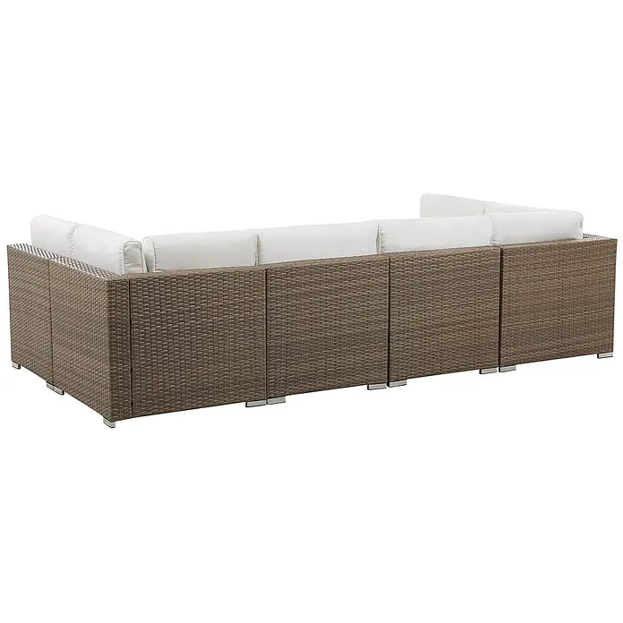 21-tlg Lounge Set BELVEDERE in Braun/Weiß -  - Braunes modulares Outdoor-Ecksofa aus Rattan mit weißen Kissen, von hinten gesehen.