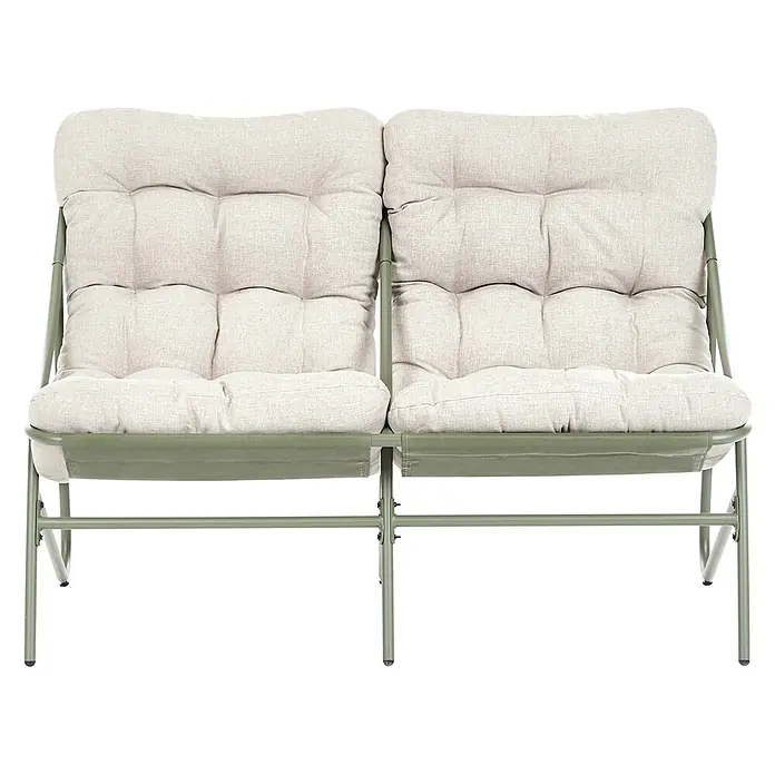8-tlg Lounge Set MOLVENO in Grün/Beige -  - Zweisitzer Gartenbank mit grünem Metallgestell und hellbeigen Polsterkissen.