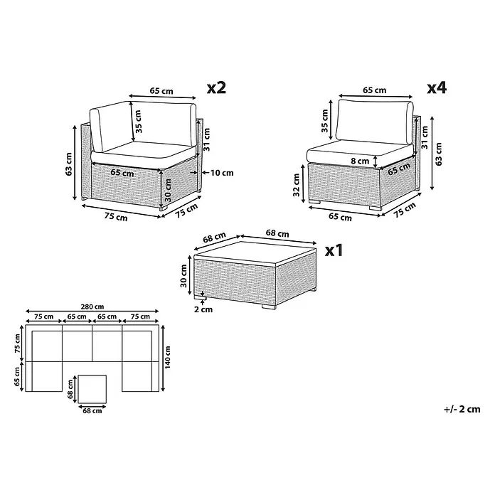 21-tlg Lounge Set BELVEDERE in Braun/Weiß -  - Modulares Outdoor-Rattan-Loungeset mit hellen Kissen und einem Couchtisch, das Einzelteile und Abmessungen zeigt.