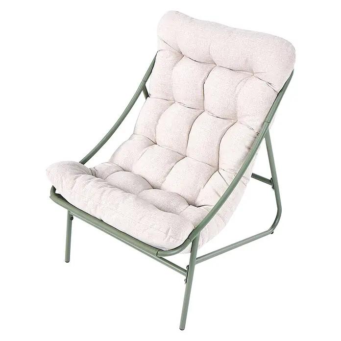 8-tlg Lounge Set MOLVENO in Grün/Beige -  - Beiger Relaxsessel mit gestepptem Kissen und olivgrünem Metallgestell.