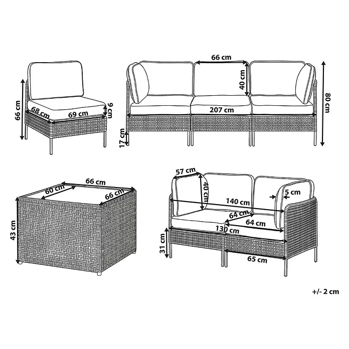 7-tlg Lounge Set OMEGANA in Beige/Schwarz -  - Rattan-Gartenmöbel-Set mit Sessel, zwei Sofas und Tisch, detaillierte Maße dargestellt.