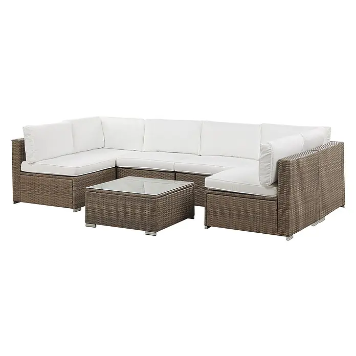 21-tlg Lounge Set BELVEDERE in Braun/Weiß -  - Braunes Rattan-Gartensofa-Set mit weißen Kissen und Glas-Couchtisch, L-förmig angeordnet.