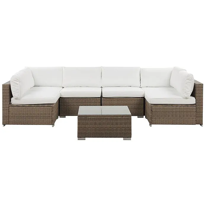 21-tlg Lounge Set BELVEDERE in Braun/Weiß -  - Modulares braunes Rattan-Gartensofa mit weißen Kissen und passendem Couchtisch mit Glasplatte.