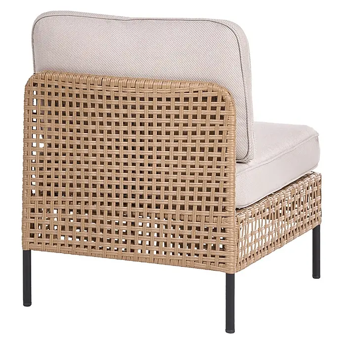 7-tlg Lounge Set OMEGANA in Beige/Schwarz -  - Helles braunes geflochtenes Outdoor-Sofa-Element mit hellbeigen Kissen und dunklen Beinen, von hinten gesehen.