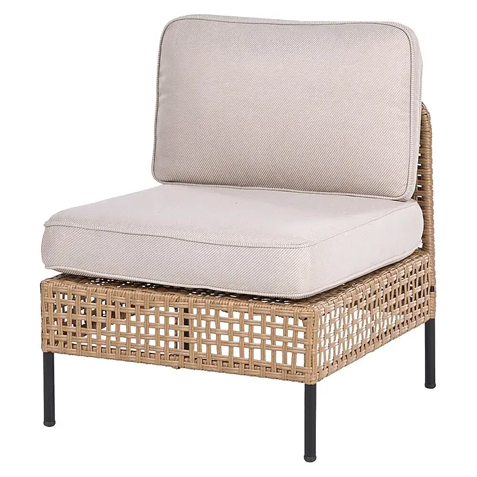 7-tlg Lounge Set OMEGANA in Beige/Schwarz -  - Beige gepolsterter Outdoor-Sessel mit hellbraunem Geflechtrahmen und dunklen Beinen.