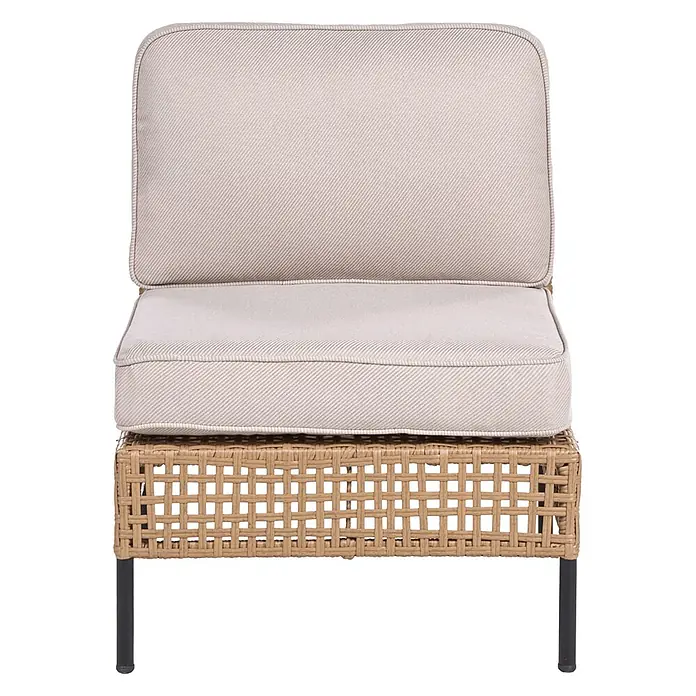 7-tlg Lounge Set OMEGANA in Beige/Schwarz -  - Outdoor-Sessel ohne Armlehnen mit hellbeigen Kissen und braunem Korbgeflecht auf schwarzen Beinen.