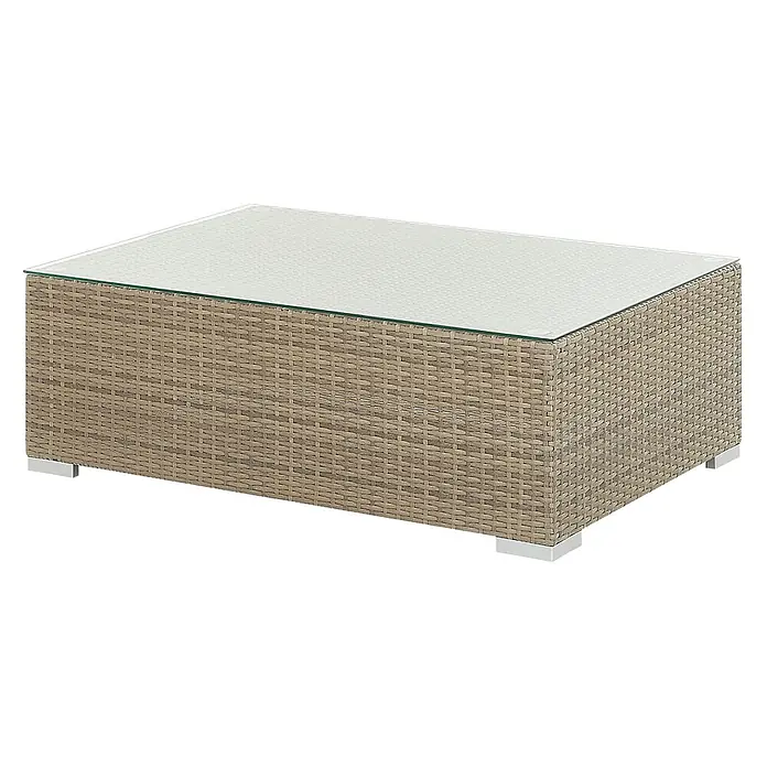 26-tlg Lounge Set MAESTRO in Braun/Weiß -  - Rechteckiger Outdoor-Couchtisch mit braunem Polyrattan-Geflecht, Glasplatte und silbernen Füßen.