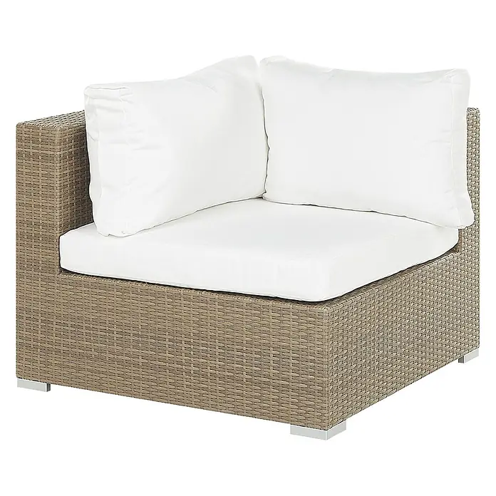 26-tlg Lounge Set MAESTRO in Braun/Weiß -  - Brauner Flecht-Rattan-Ecksofaabschnitt für den Außenbereich mit dicken weißen Kissen.