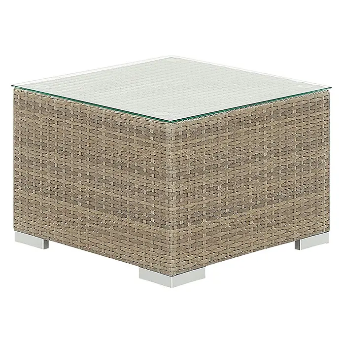 26-tlg Lounge Set MAESTRO in Braun/Weiß -  - Quadratischer geflochtener Gartentisch mit Glasplatte und silbernen Füßen.