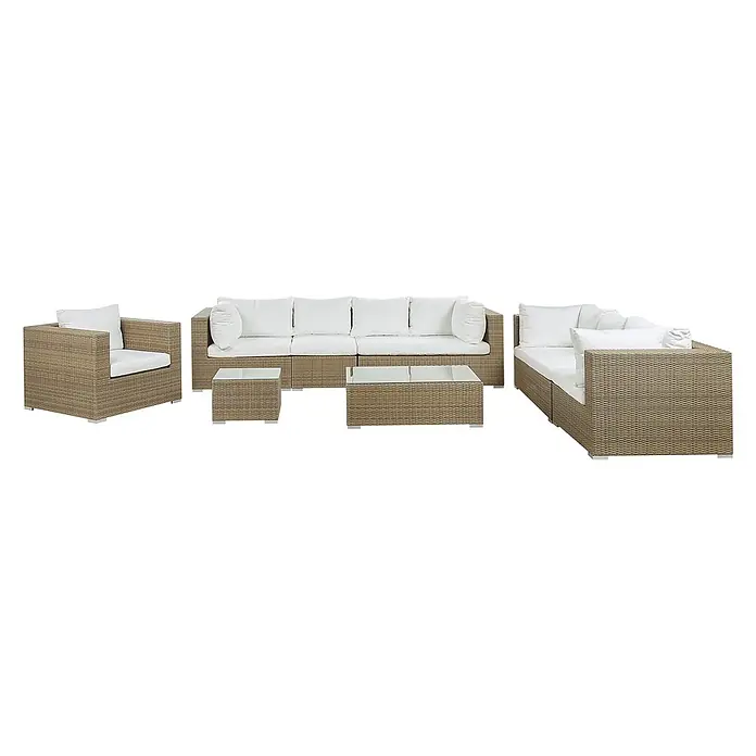 26-tlg Lounge Set MAESTRO in Braun/Weiß -  - Modulares braunes Rattan-Gartenmöbel-Set mit weißen Kissen, bestehend aus Sessel, Sofa und zwei Tischen.