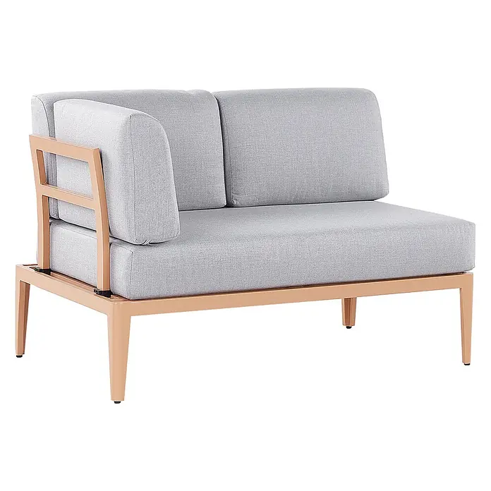5-tlg Lounge Set RIMA in Grau/Braun linksseitig -  - Linksseitiges moduläres Sofa-Segment mit hellgrauen Stoffkissen und einem roségoldfarbenen Metallrahmen.