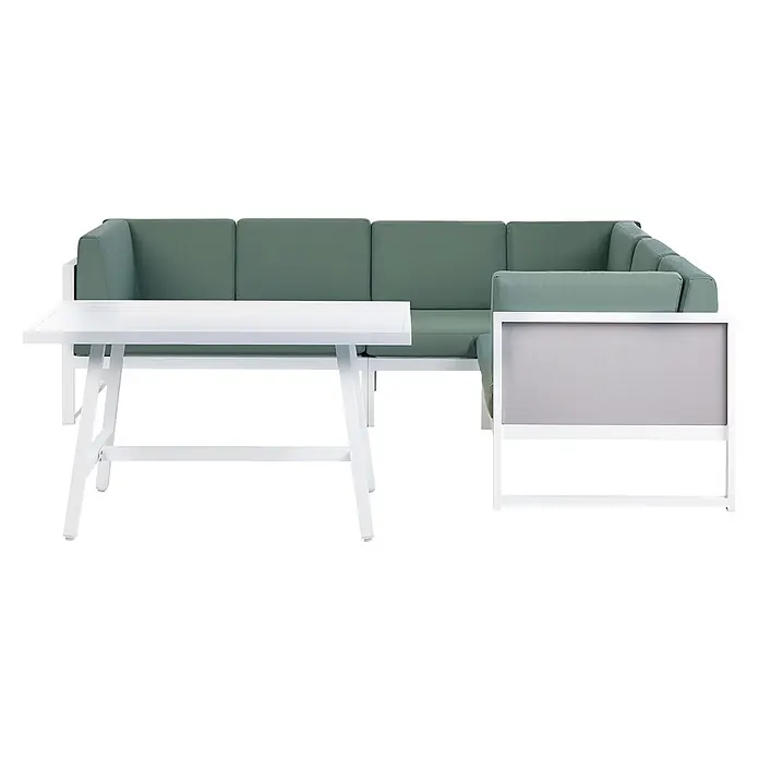 16-tlg Lounge Set CASTELLA/FRATTE in Grün/Weiß/Grau linksseitig -  - Weißes Garten-Ecksofa mit grünen Kissen und passendem weißen Lattenrosttisch.