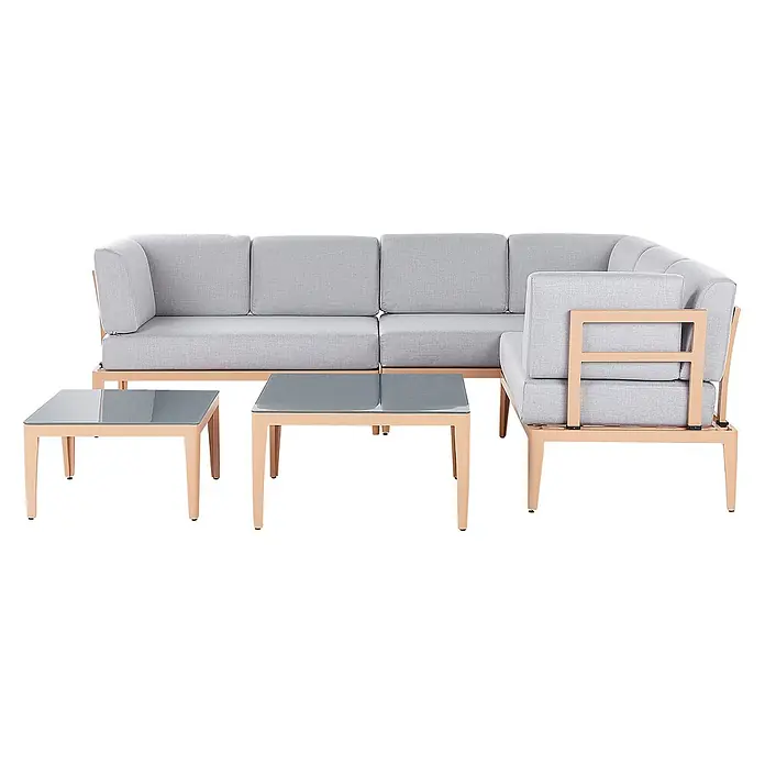 5-tlg Lounge Set RIMA in Grau/Braun linksseitig -  - Outdoor-Ecksofa mit hellgrauen Polstern und beigem Rahmen, dazu zwei passende Couchtische mit Glasplatte.