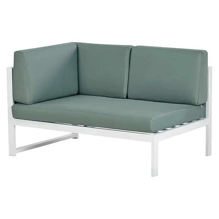 16-tlg Lounge Set CASTELLA/FRATTE in Grün/Weiß/Grau linksseitig -  - Weißes Metall-Ecksofa-Segment mit grünen Kissen.