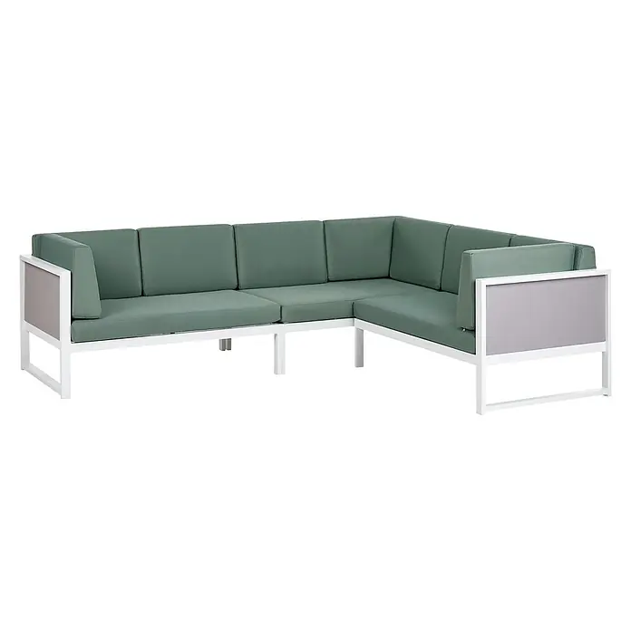 16-tlg Lounge Set CASTELLA/FRATTE in Grün/Weiß/Grau linksseitig -  - L-förmiges Outdoor-Loungesofa mit weißem Gestell, grauen Armlehnenpaneelen und grünen Kissen.