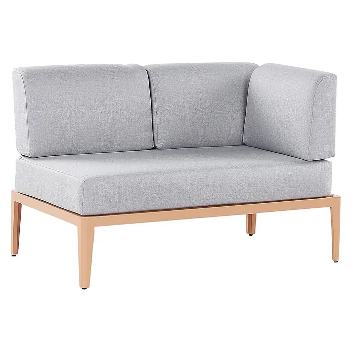 5-tlg Lounge Set RIMA in Grau/Braun linksseitig -  - Helles graues Ecksofa aus Stoff für den Außenbereich mit hellbraunem Metallrahmen.