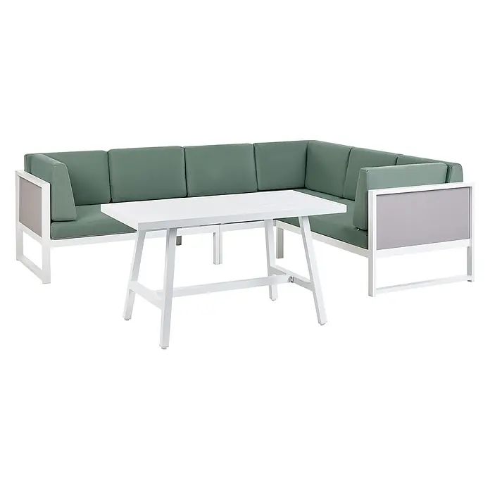 16-tlg Lounge Set CASTELLA/FRATTE in Grün/Weiß/Grau linksseitig -  - Outdoor-L-Sofa mit grünen Kissen, weißem Gestell und grauen Seitenpaneelen, dazu ein weißer rechteckiger Tisch.