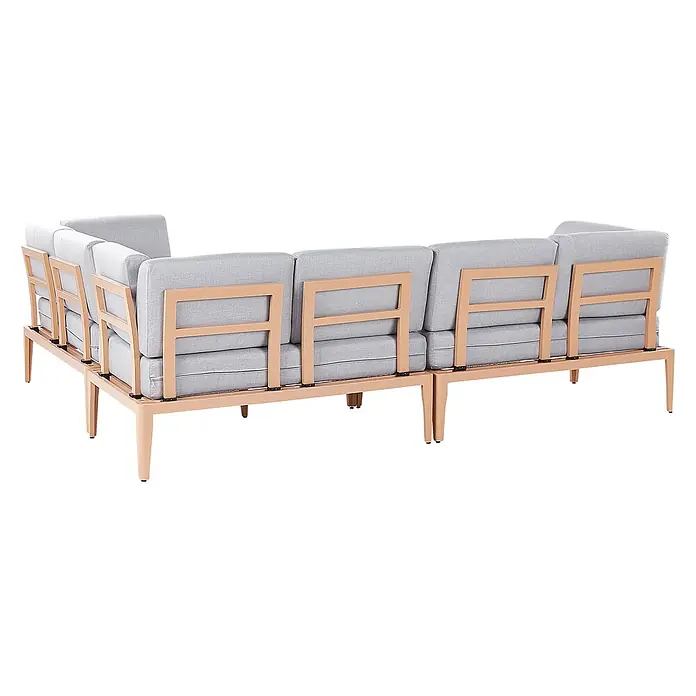 5-tlg Lounge Set RIMA in Grau/Braun linksseitig -  - Modulares Outdoor-Sofa mit hellgrauen Polstern und hellbraunem Metallrahmen, von hinten gesehen.