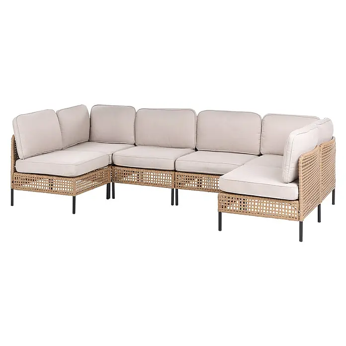 7-tlg Lounge Set OMEGANA in Beige/Schwarz -  - Modulares Outdoor-Sofa mit hellbraunem Geflechtboden, beigefarbenen Kissen und schwarzen Metallbeinen.