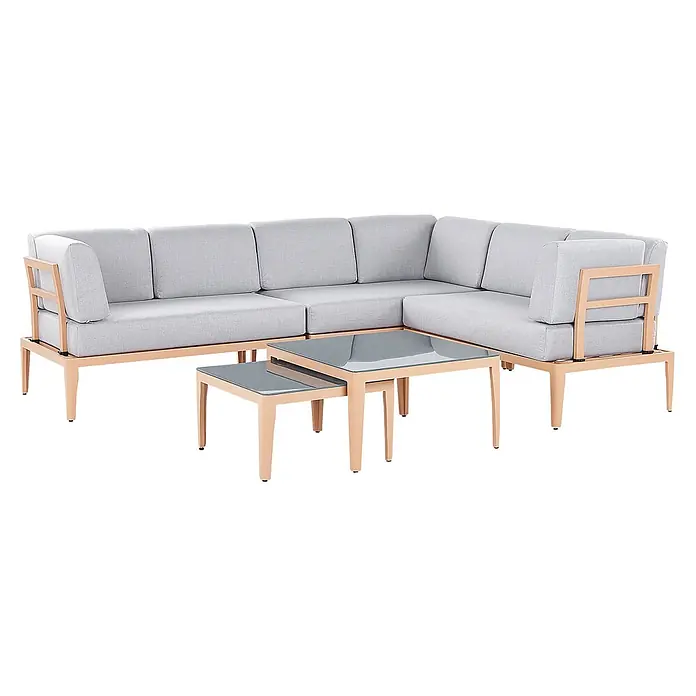 5-tlg Lounge Set RIMA in Grau/Braun linksseitig -  - Hellgraues Outdoor-Ecksofa mit hellem Rahmen und zwei ineinandersteckbaren Couchtischen mit Glasplatte.