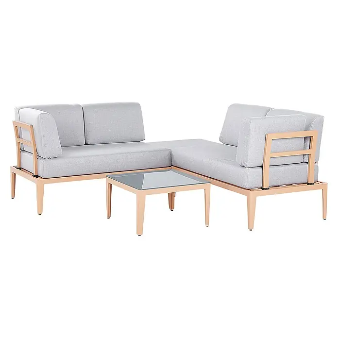 5-tlg Lounge Set RIMA in Grau/Braun linksseitig -  - Hellesgraues L-förmiges Outdoor-Sofa mit hellem Rahmen und Kissen, dazu ein passender quadratischer Couchtisch mit Glasplatte.