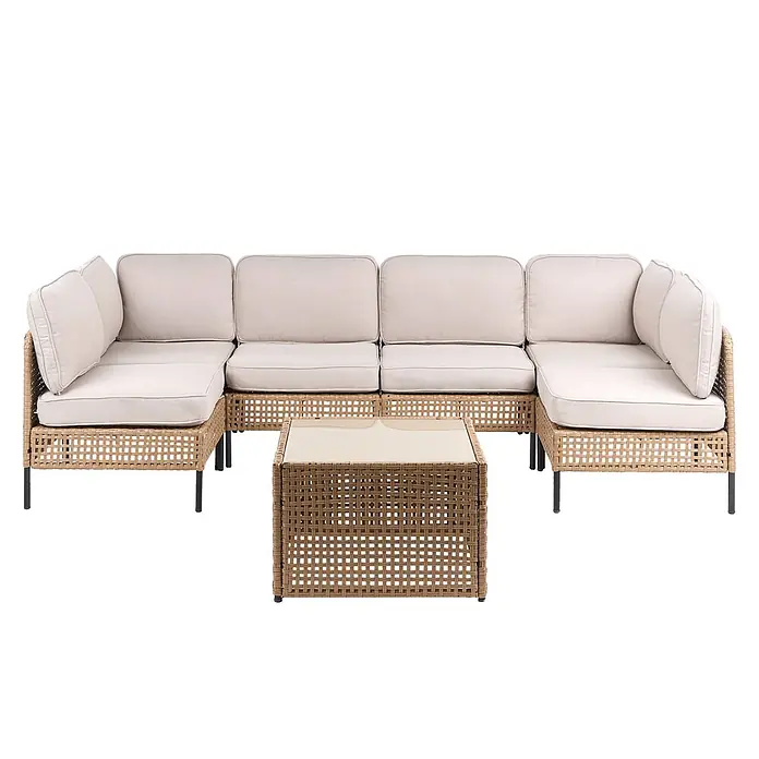7-tlg Lounge Set OMEGANA in Beige/Schwarz -  - Braunes Outdoor-Ecksofa aus Korbgeflecht mit hellbeigen Kissen und passendem quadratischem Couchtisch.