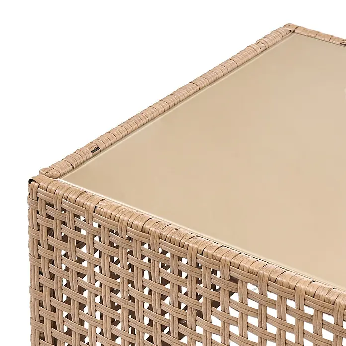 7-tlg Lounge Set OMEGANA in Beige/Schwarz -  - Brauner Rattan Outdoor-Beistelltisch mit beigefarbener Glasplatte.