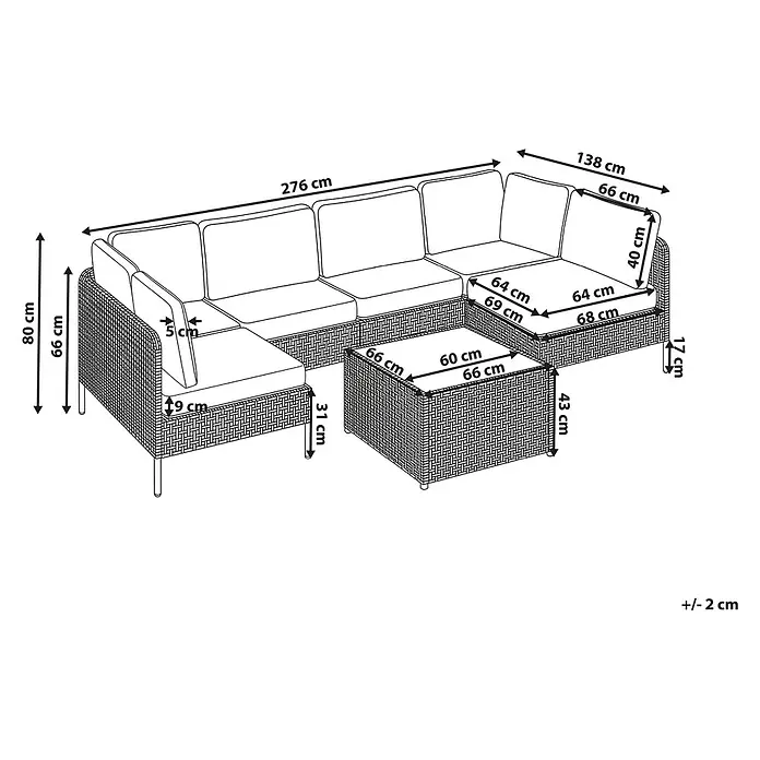 7-tlg Lounge Set OMEGANA in Beige/Schwarz -  - Dunkles Rattan-Gartenecksofa-Set mit hellen Kissen und Couchtisch, detaillierte Maße anzeigend.