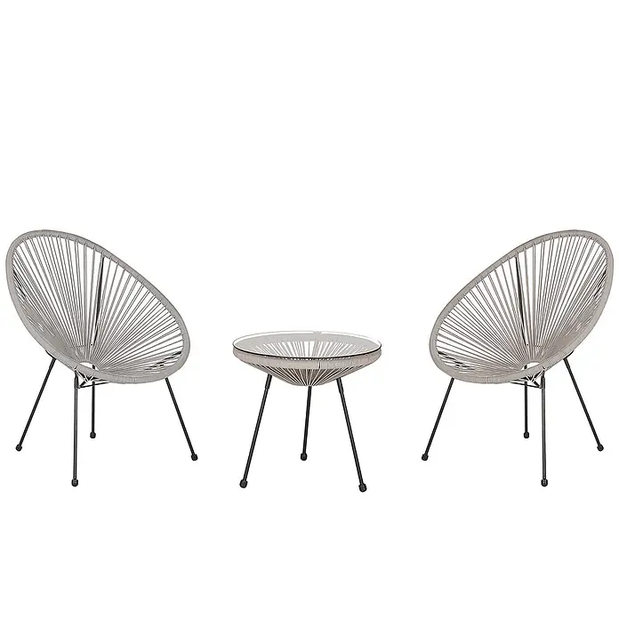 3-tlg Bistro Set ACAPULCO II in Grau/Schwarz -  - Zwei hellgraue geflochtene Stühle und ein passender Tisch mit Glasplatte und schwarzen Metallbeinen als modernes Terrassenset.