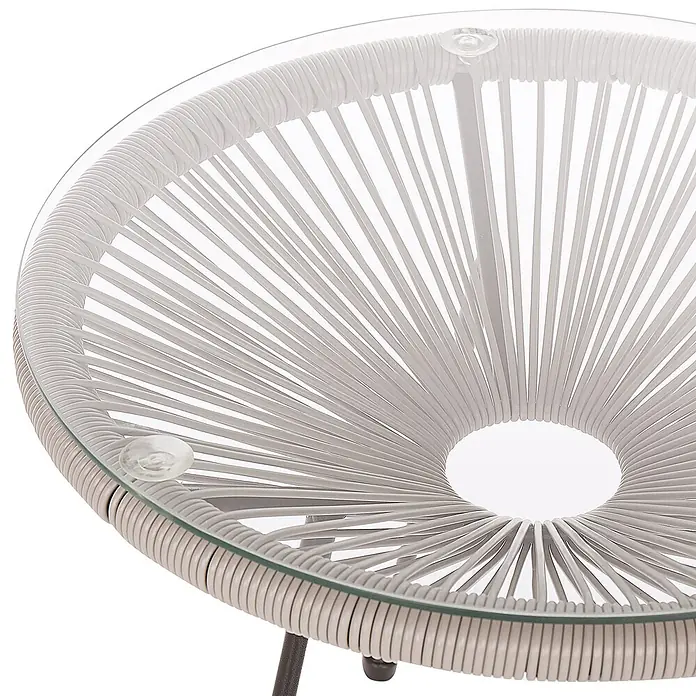 3-tlg Bistro Set ACAPULCO II in Grau/Schwarz -  - Runder Beistelltisch mit Glasplatte und strahlenförmig angeordneten hellgrauen geflochtenen Kunststoffkordeln auf passendem Untergestell.