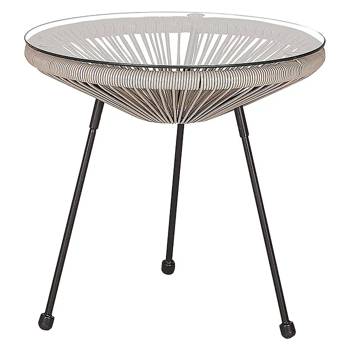 3-tlg Bistro Set ACAPULCO II in Grau/Schwarz -  - Runder Beistelltisch mit Glasplatte, beigem Geflechtgestell und drei schwarzen Metallbeinen.