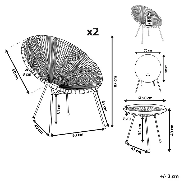 3-tlg Bistro Set ACAPULCO II in Grau/Schwarz -  - Strichzeichnung von zwei Acapulco-Stühlen und einem Beistelltisch mit Maßen, max. 160kg Belastung.