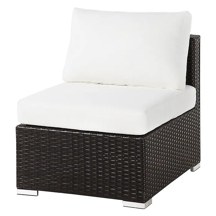 8-tlg Lounge Set XXL in Braun/Weiß rechtsseitig -  - Dunkelbrauner Polyrattan-Modulsessel für draußen mit weißen Kissen und Metallfüßen.