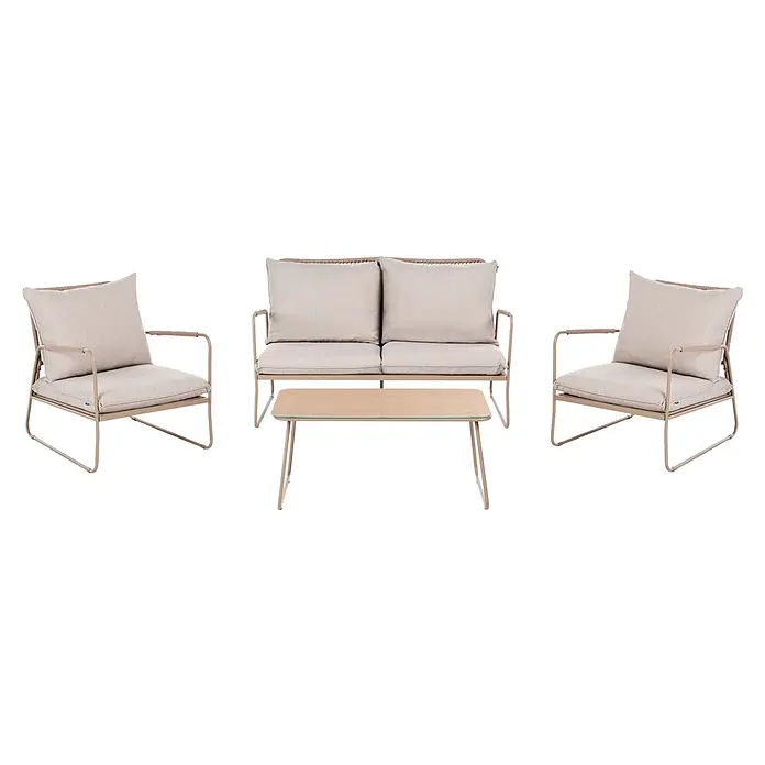 4-tlg Lounge Set ACCEGLIO in Beige -  - Beige Outdoor-Lounge-Set mit zwei Sesseln, einem Zweisitzer-Sofa und einem Couchtisch, mit Metallrahmen und geflochtenen Details.